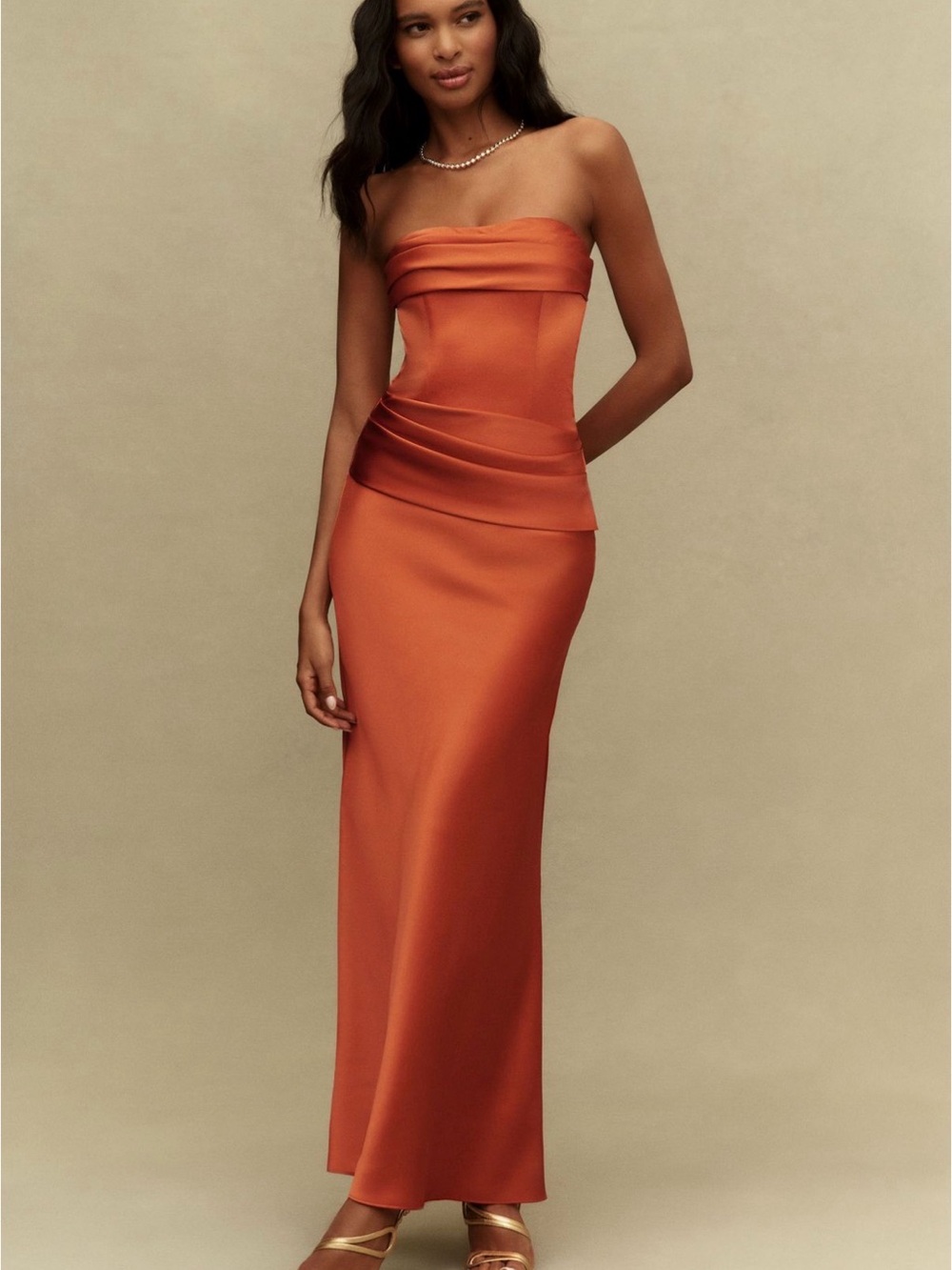 Strapless Satin Column Dress in Rust Orange